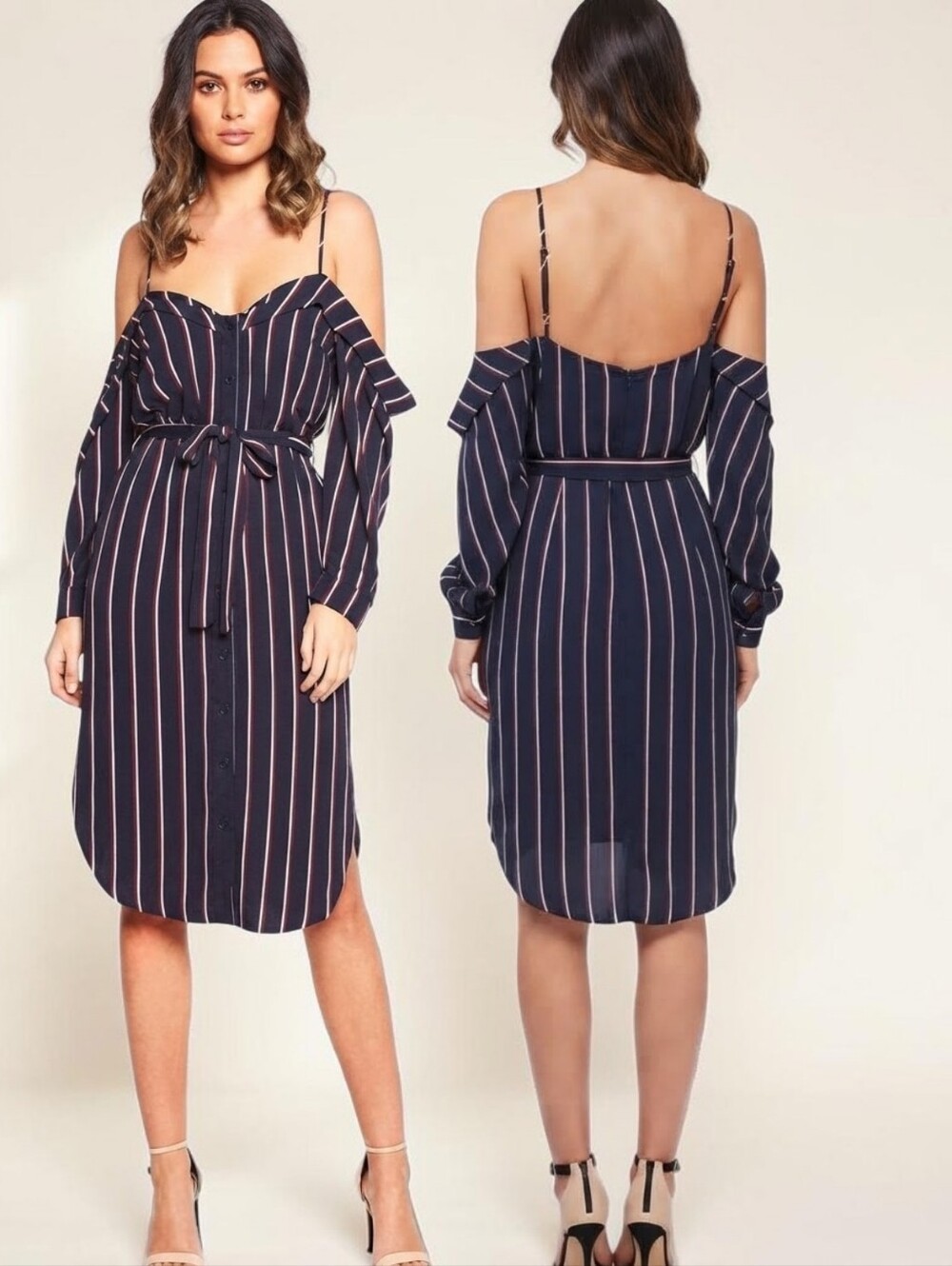 BARDOT Paloma Navy Striped Cold Shoulder Shirt Dress - Size 6